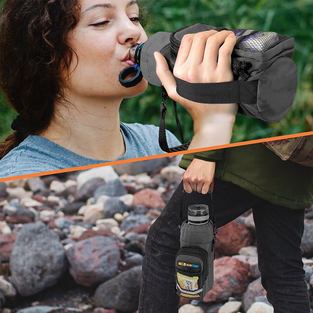 SUN CUBE Water Bottle Holder with Strap, Insulated Water Bottle Bag Carrier for Walking, Crossbody Bottle Carrying Sling Purse Neoprene Sleeve Pouch Pocket, Hiking Accessories Women Men, Gray 40oz