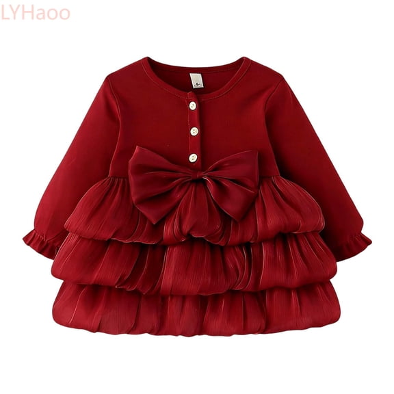 LYHaoo Elegant Girls Long Sleeve Dress With Big Bow Detail Party Dress For Toddler And Kids Autumn Outfit,Girls Casual Dresses Sizes 2-3 Years Red