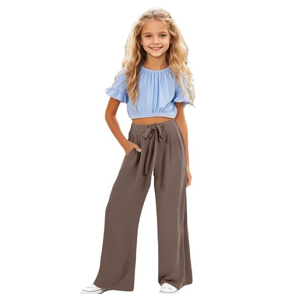 Bobifish Toddler Girls Pants Wide Leg Drawstring Loose Fit Long Stretchy Everyday Play School Wear Children Girls Trousers