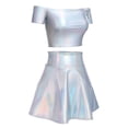 thumbnail image 2 of Women's 2Piece Metallic Outfit Shiny Off Shoulder Crop Top + Silver Mini Skirt Dress Alien Costume Rave Clubwear XXL Holographic Silver - Off Shoulder, 2 of 8