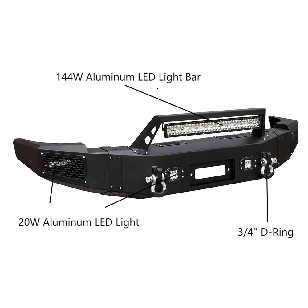 Vijay Compatible with 2007-2008-2009-2010-2011-2012-2013 Chevy Silverado 1500 Front Bumper Textured Black Steel with Light and D-ring
