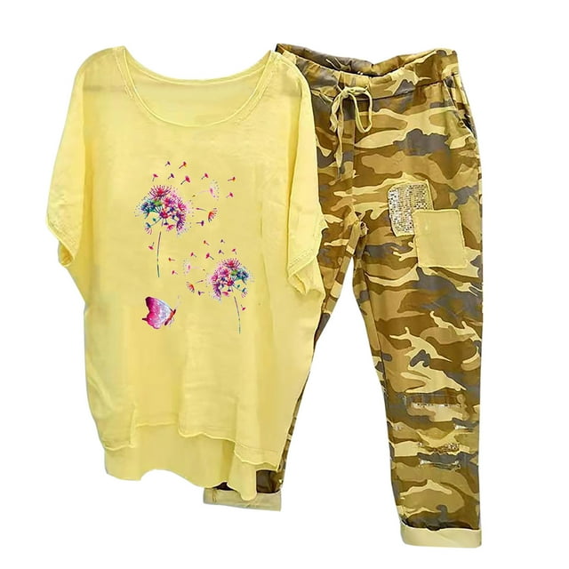 Ensemble d'Été 2 Pcs pour Femmes Imprimé Col Rond Manches Mi-Longues Pull + Pantalon Ensemble 2 Pcs pour Femmes Pantalons en Solde