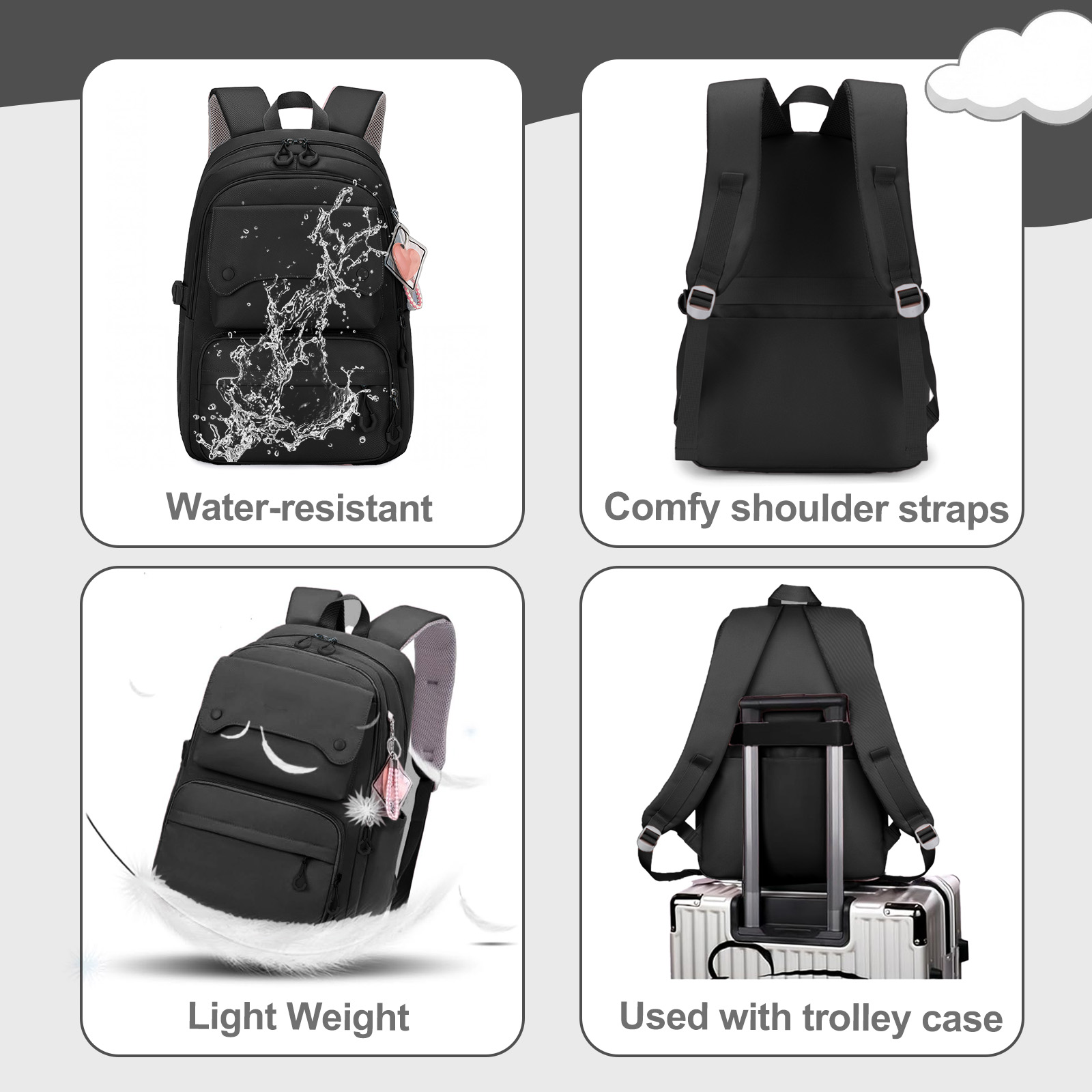 Inadays School Backpack for 15.6" Laptop, Black photo 7