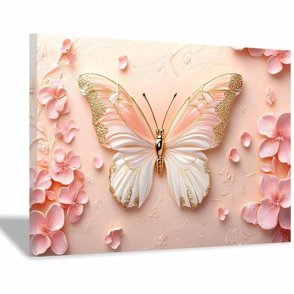 Mudket Pink and Gold Butterfly with Flowers Canvas Wall Art, Floral Wall Decor, Framed Ready to Hang Artwork for Living Room Bedroom - 12"L x 8"W