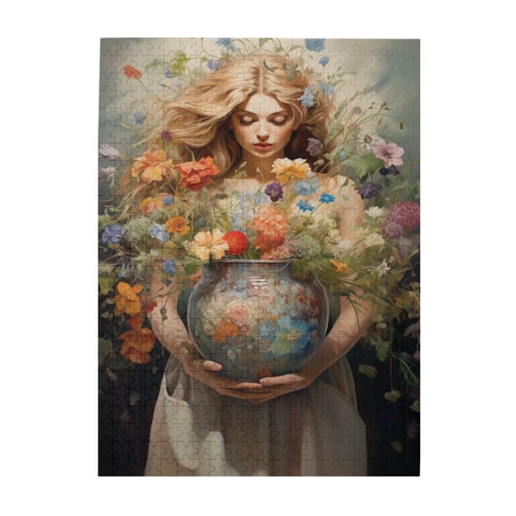500 PCS Enchanting Flower Woman 500 Pcs Jigsaw Puzzles For Adults,Stunningly Vibrant Colors,Puzzles Suitable For Entertaining With Family During Holidays,Vintage Art Wooden Puzzle