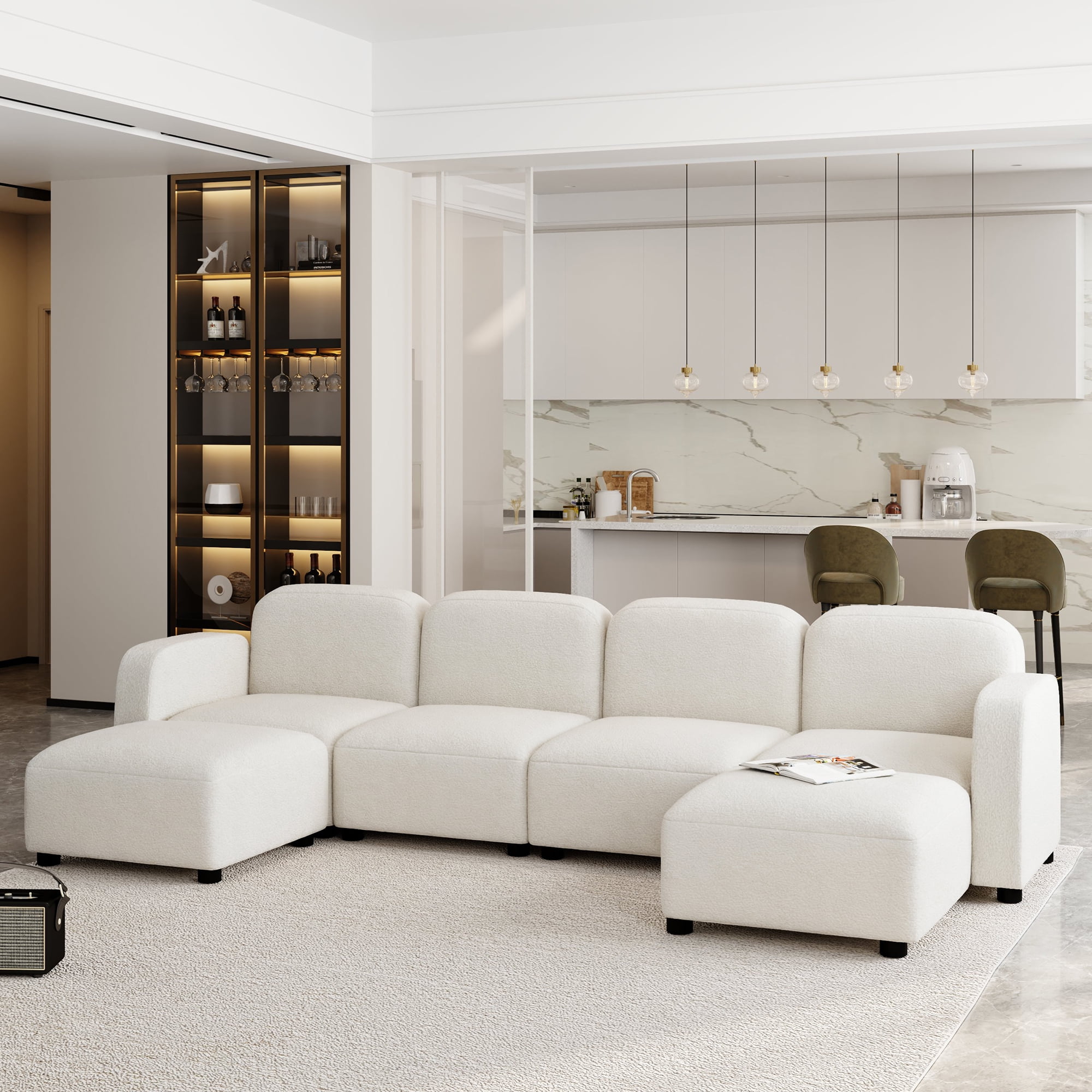 EUROCO 116" U Shaped Modular Sectional Sofa Couch, Reversible 6 Seat Velvet Sleeper Cloud Sofa Bed with Ottoma, onvertible Oversized Indoor Furniture Pieces for Living Room, Beige