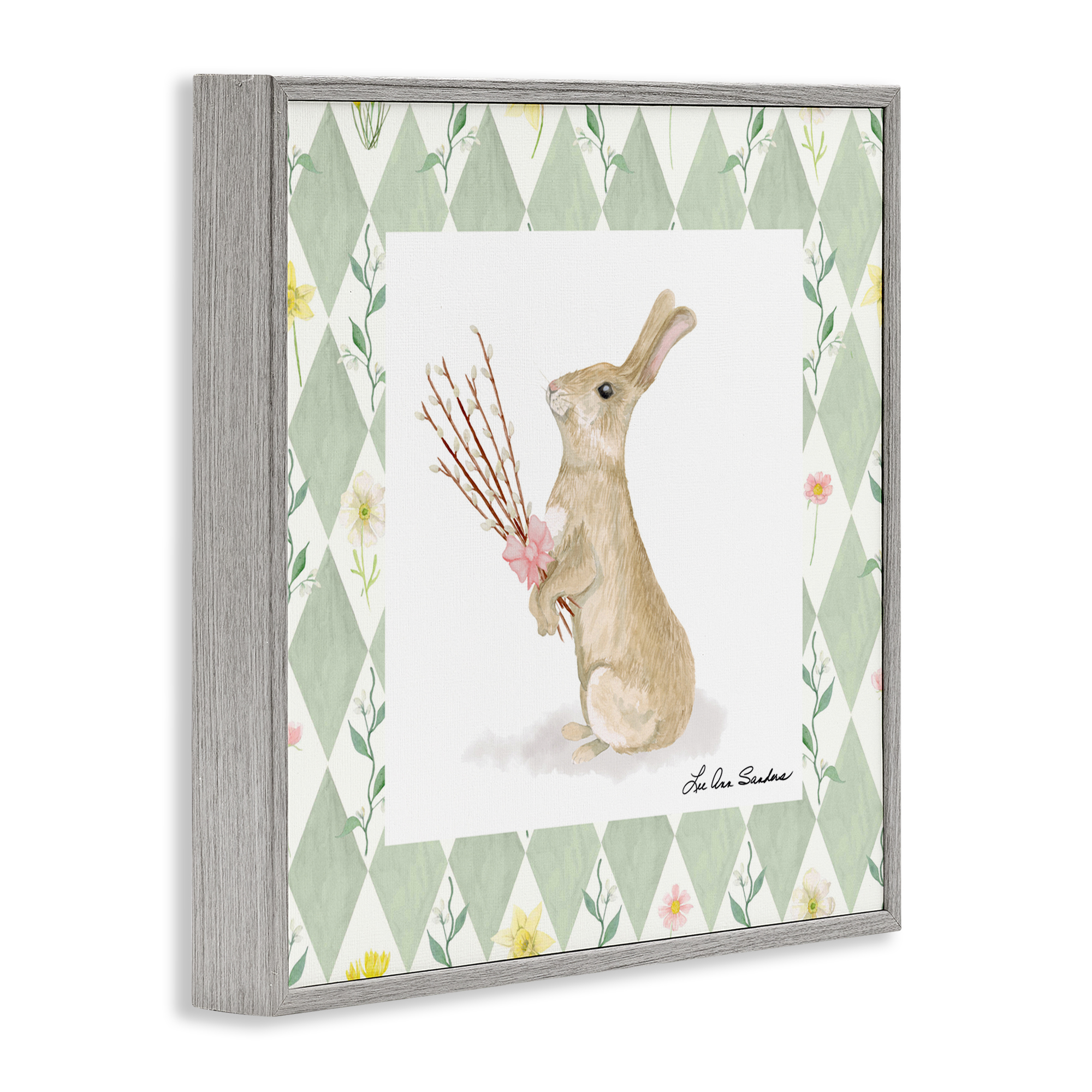 Bouquet Bunny on Green Argyle Gray Framed Giclee Art, design by Lee Ann Sanders