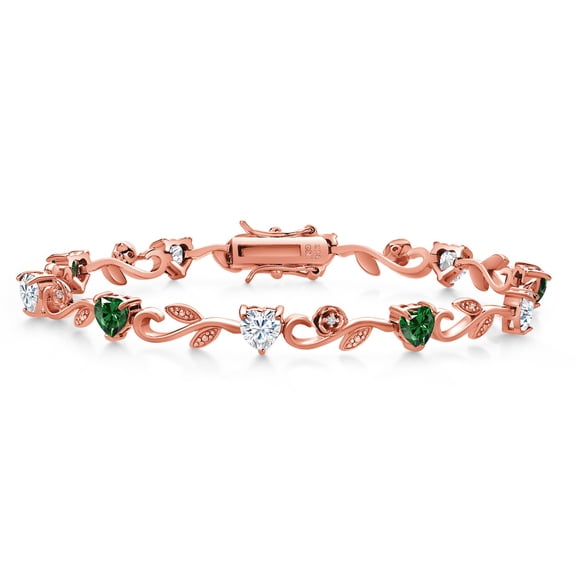 Gem Stone King 18K Rose Gold Plated Silver Heart Shape Green Nano Emerald White Moissanite and Round White Lab Grown Diamond Greek Vine Flower Tennis Bracelet for Women (4.64 Cttw, 7.5 inch)