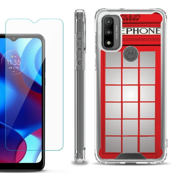 Shockproof Bumper Phone Case for Motorola Moto G Pure, with Tempered Glass Screen Protector, by OneToughShield ® - Phone Booth Red