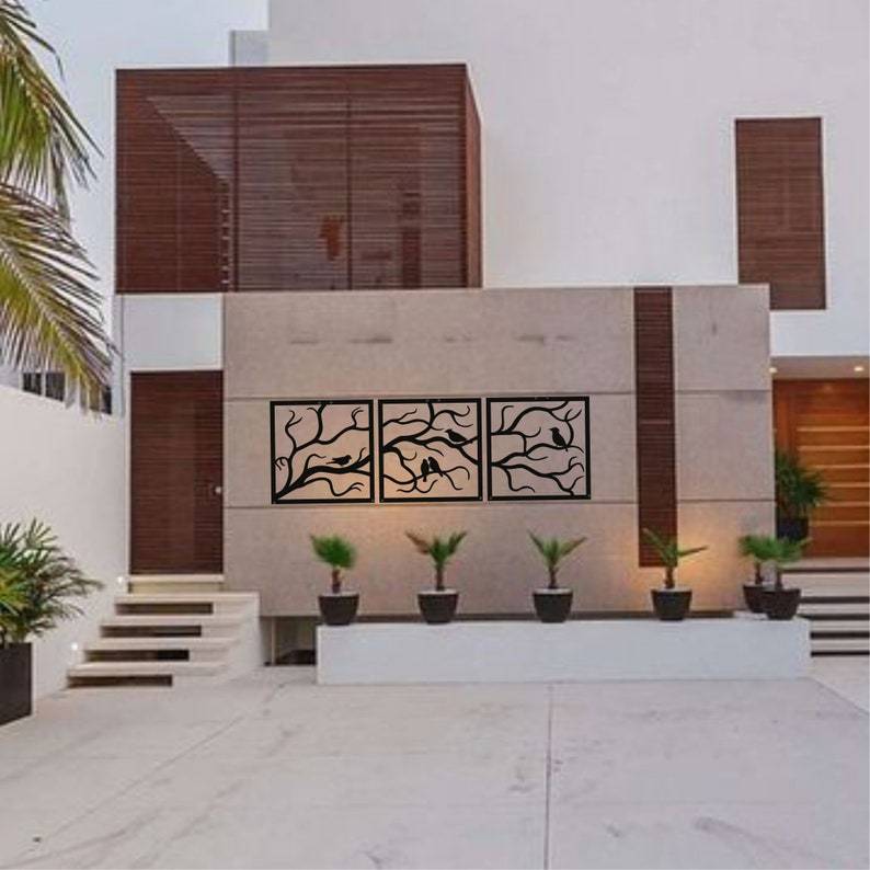 Birds on Branch 3 Panels Metal Wall Art for Home and Outside Wall