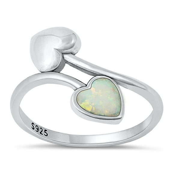 CHOOSE YOUR COLOR White Simulated Opal Ring 925 Sterling Silver Double Hearts Band CZ Female Size 8