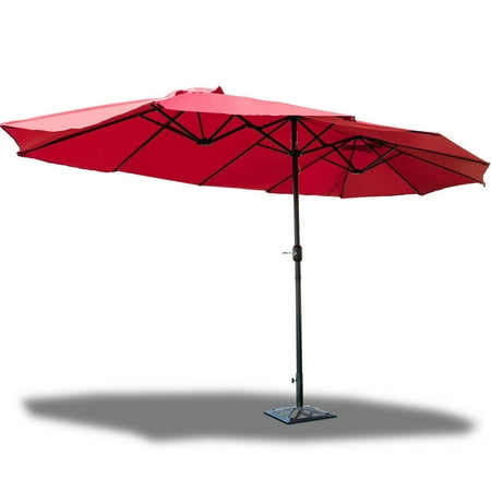 GHP 15'x8.5'x8' Wine Red Steel Polyester Fabric 12 -Rib Patio Double-Side Umbrella