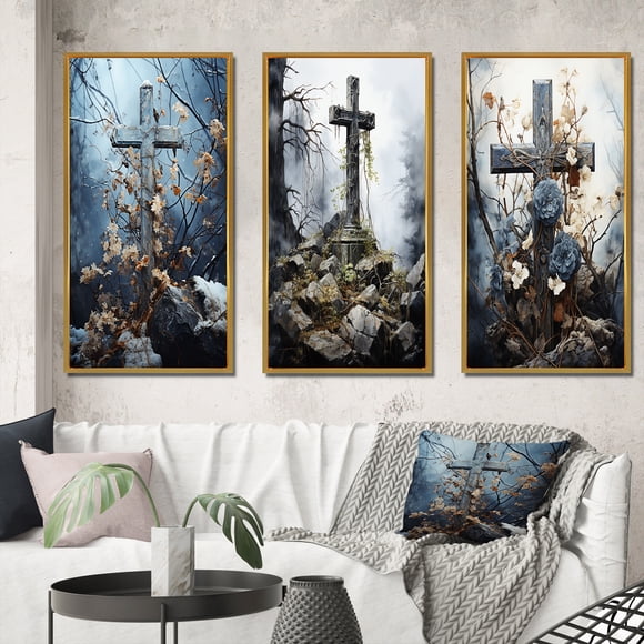 Designart "Sacred Solace Religious Cross wall art III" Christianism Framed Wall Art Set Of 3 - Red Christianism Frame Gallery Wall Set For Home Decor