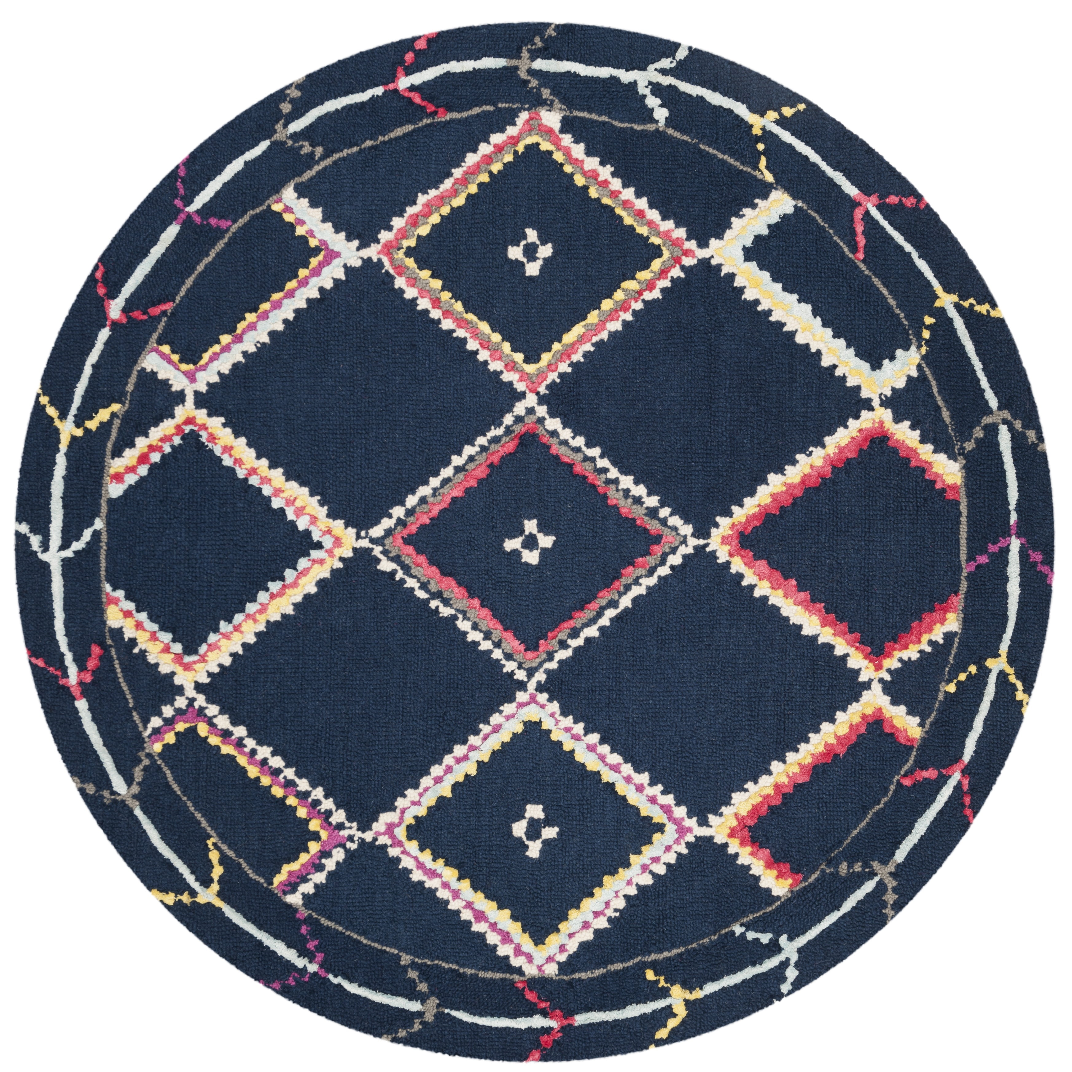 SAFAVIEH Bellagio Delicia Geometric Wool Area Rug, Navy/Multi, 5' x 5' Round