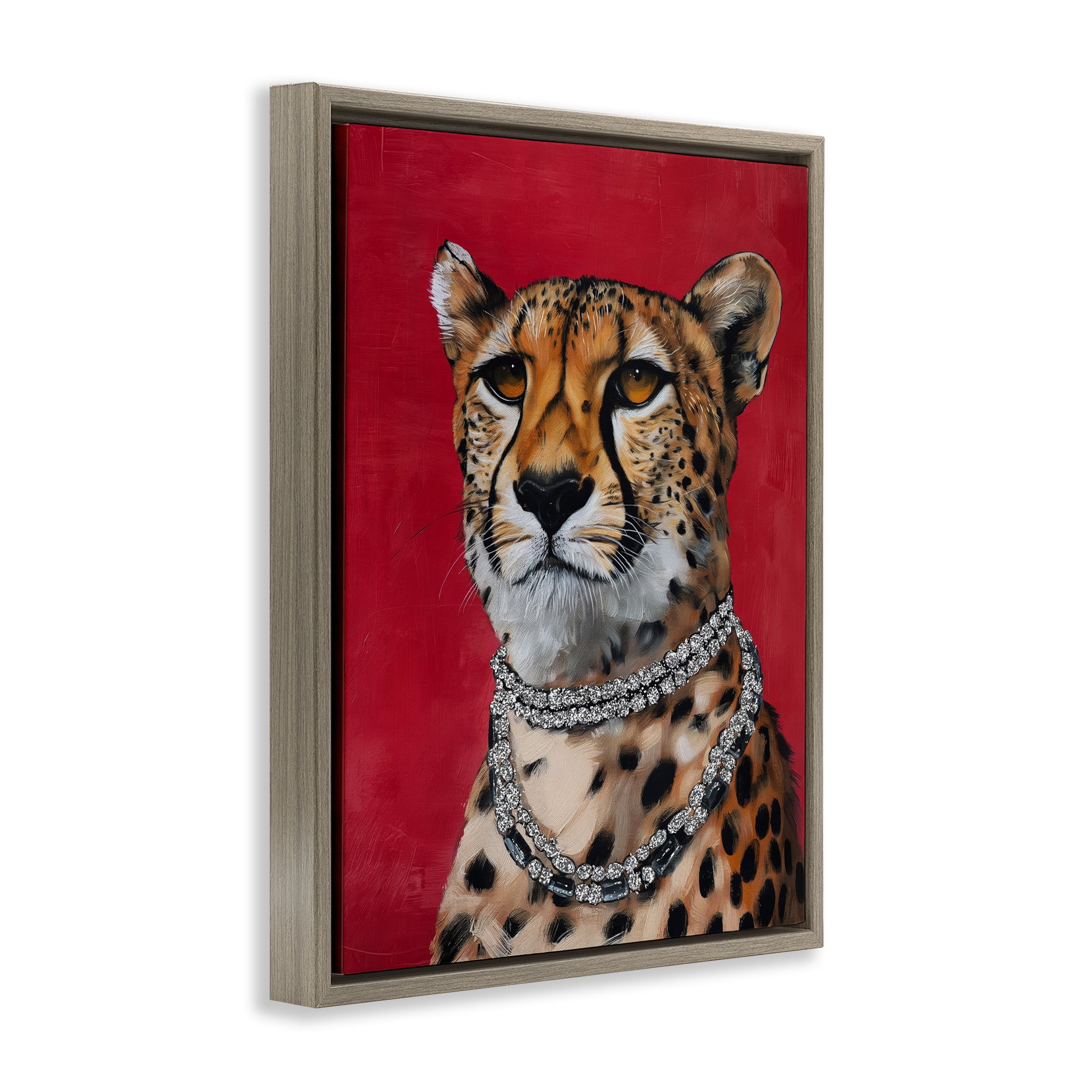 Stupell Industries Leopard Royalty with Necklace Animals Painting Brown Floater Framed Canvas Art Print Wall Art, 17 x 21