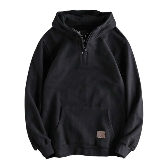 WTOBBY Men's Retro Heavyweight Half Zip Hoodie, Baggy Stand Collar Pullover with Pockets, Retro Streetwear Winter Warmth,Black L