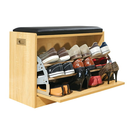Wooden Shoe Cabinet Storage Bench w/ Seat Cushion - Holds up to 12 Pairs,