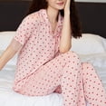 thumbnail image 2 of Xfvqtps Womens Pajama Set 2 PCS Top and Pants Love Print Lace Short Sleeve Long Leg Flip Collar Open Front with Button Cozy Comfortable Soft House Casual Nightwear Pink, 2 of 9