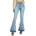 thumbnail image 1 of Womens Floral Daisy Embroidered Mid Rise Bell Bottom Flare Frayed Hem Jeans, 1 of 5