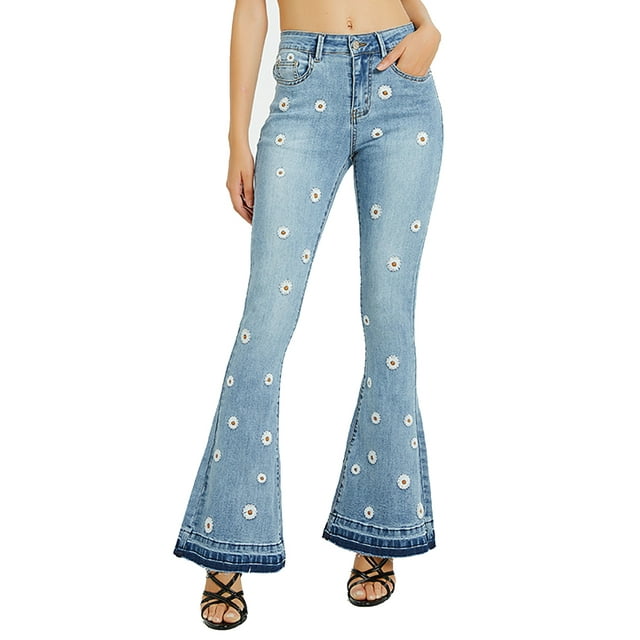 Womens Floral Daisy Embroidered Mid Rise Bell Bottom Flare Frayed Hem Jeans