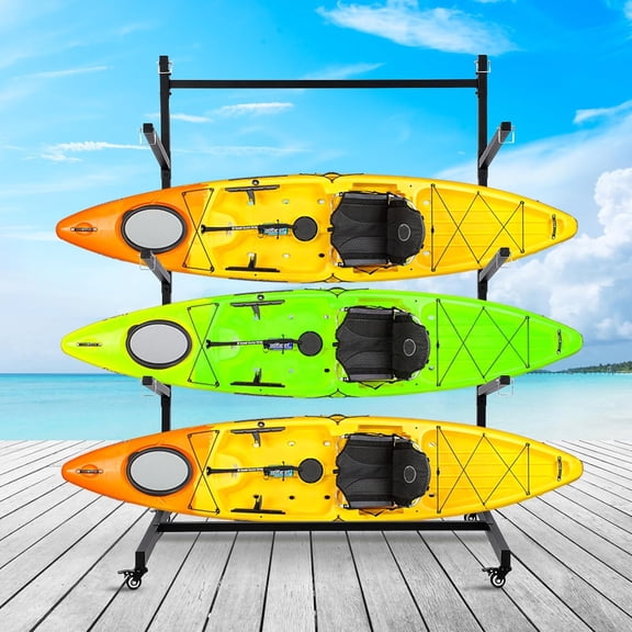 Kayak Storage Rack, Widen & Lengthen Freestanding Kayak Stand with Wheels for Kayak, Canoe, Surfboard, Paddleboard, Heavy Duty Kayak Racks for Garage and Outdoor Storage, 3 layers