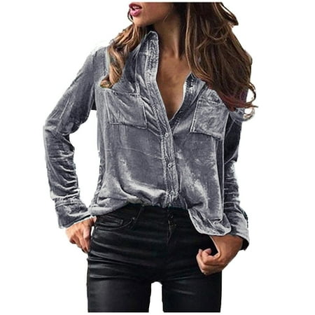 Blouses for Women Fashion 2022 Button Down Blouse Elegant Velvet Long Sleeve Blouse Casual V Neck Blouse T Shirt Tops