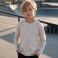 thumbnail image 4 of OGLCCG Boys Henley Shirt Long Sleeve 3 Button Crewneck Fall Tees Casual Pullover Top for School(Beige,9-10 Years), 4 of 7
