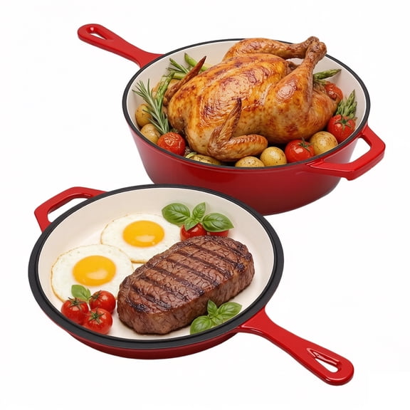 6 Quart 2 in 1 Cast Iron Dutch Oven Pot with Skillet Lid, 4 2qt Enamel Dutch Oven Dual Handle, Pre-Seasoned Heavy Duty All-in-One Cookware, Red