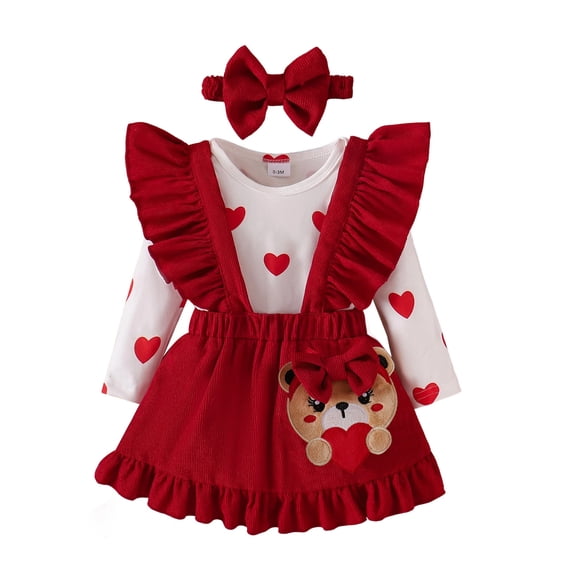 Krdevn Baby Girl Valentine‘s Day Outfit Heart Romper Overalls Headband Three Piece Set for Cute Photoshoot,6-9 Months