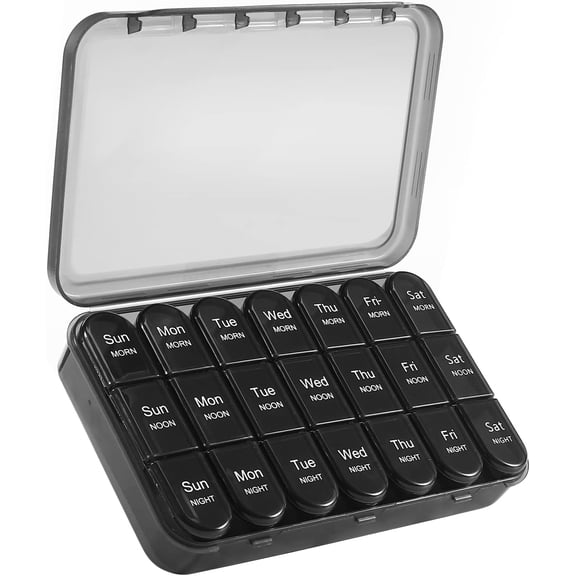 Weekly Pill Organizer 3 Times a Day, Travel Pill Box Case 7 Day, Large Medication Container for Daily Vitamin and Medicine, with Portable Compartments (Black)