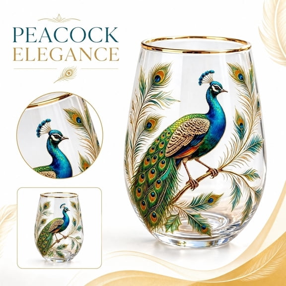 Elegant Peacock Printed Glass Tumbler – Clear Decorative Drinking Glasses for Iced Tea, Juice, Water – Smooth Contoured Design for Home, Breakfast Tray or Casual Entertaining