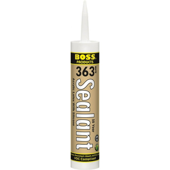Accumetric Caulk Sealant 142300 BOSS 363; Acrylic Latex Caulk; Less Than 25 Minutes Tack Free Time; Paintable; White; 10.1 Ounce Tube; Single; Mildew Resistant And Water Resistant