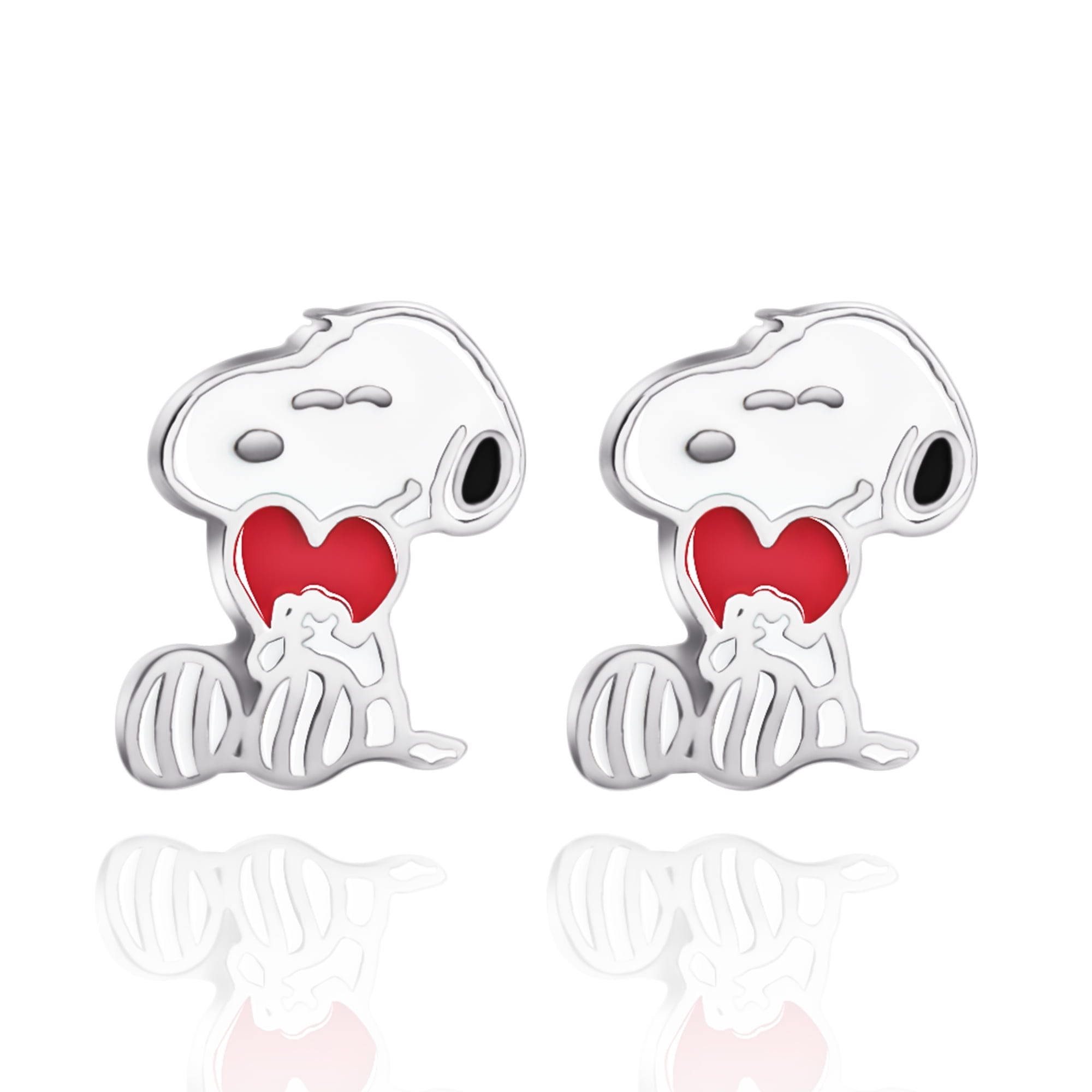 Peanuts Silver Plated and Enamel Snoopy with Heart Stud Earrings