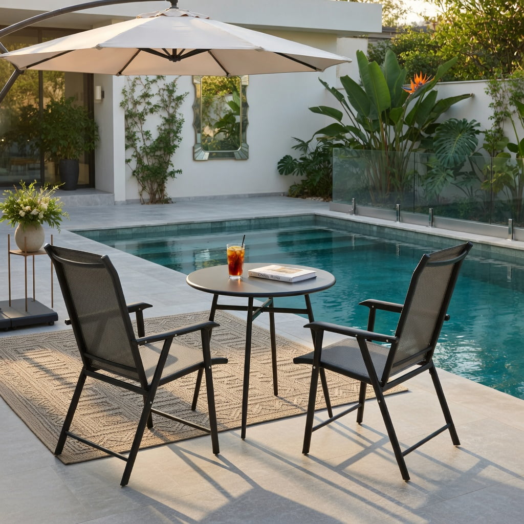 Hommoo 2-Pack Foldable Outdoor Patio Chairs, Steel Frame, Weather-Resistant Fabric, Lightweight & Space-Saving for Backyard, Deck, or Indoor Use, Gray