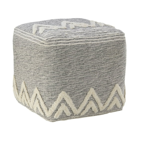 Laddha Home Designs 16" Gray and White Geometric Peaks Tufted Square Pouf Ottoman
