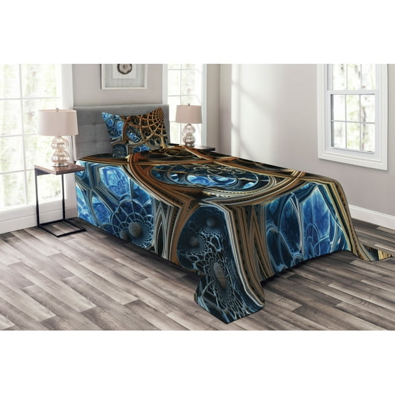 Ambesonne Fractal Quilted Bedspread Set 2 Pcs, Retro Motif, Twin Size, Brown Blue