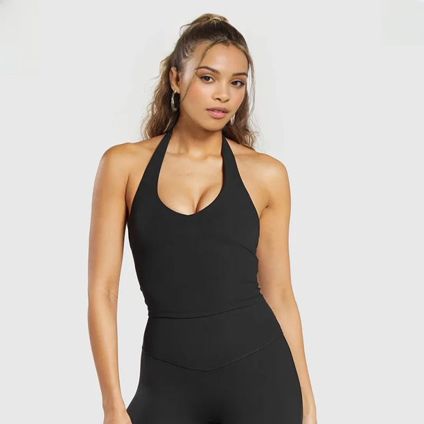 2024 Nuevo sujetador de yoga de alta resistencia para mujer, camiseta sin mangas deportiva con cuello halter, a prueba de golpes, antiflacidez en la espalda, ropa deportiva embellecedora