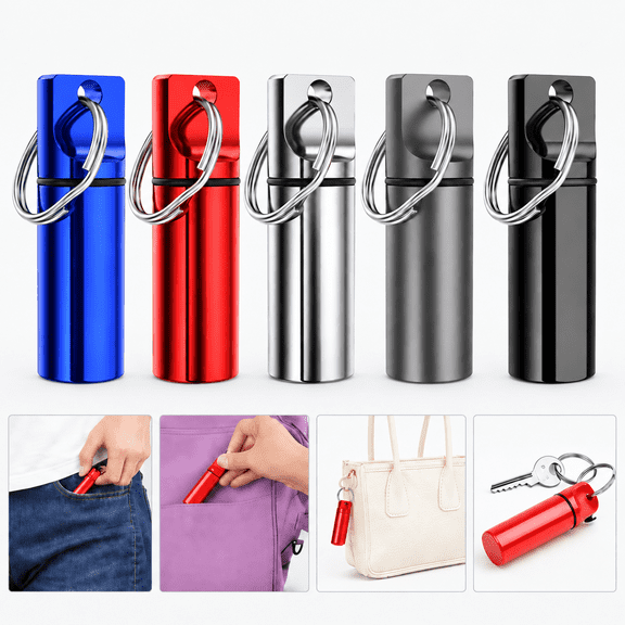 Portable Pill Box Keychain (5 Pack), Aluminium Alloy Mini Pill Organizer Case Container for Purse,Waterproof Metal Pill Holder Medicine Bottle for Outdoor (Black, Red, Blue, Silver, Gray)