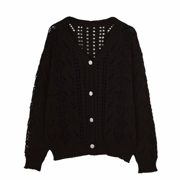 Arnsht Women's Long Sleeve Cardigan Sweaters Cable Knit Crochet Cotton Fall Jackets Button Up Tops Trendy Outfits Black L