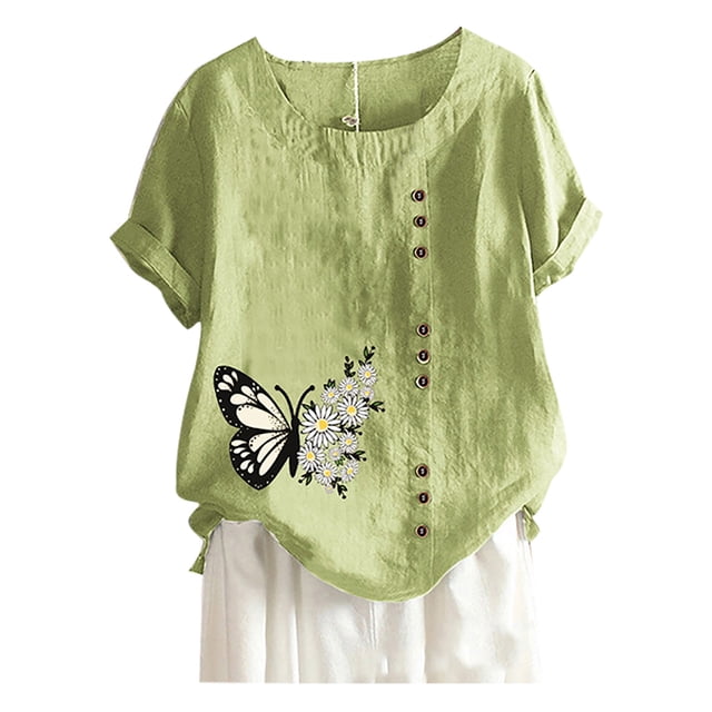 Heliisoer Chemise Ample d'Été pour Femmes à Col Rond et Manches Courtes avec Imprimé Papillon