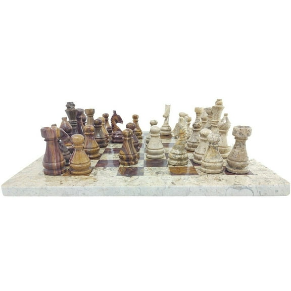 JT Handmade Fossil Coral and Dark Brown / Red Marble Chess Game Set – 12 inch