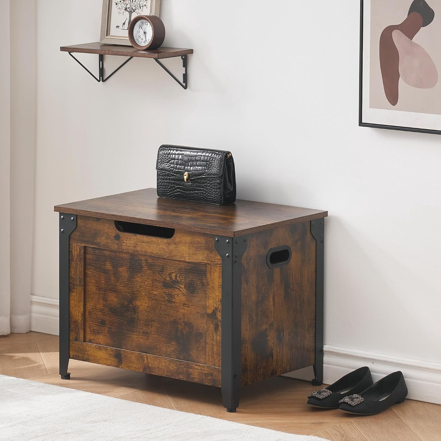 Acekid 23.6 Inch Wooden Storage Chest - Toy Chest Bench with Safety Hinge, Large Capacity for Entryway & Living Room, Retro Color