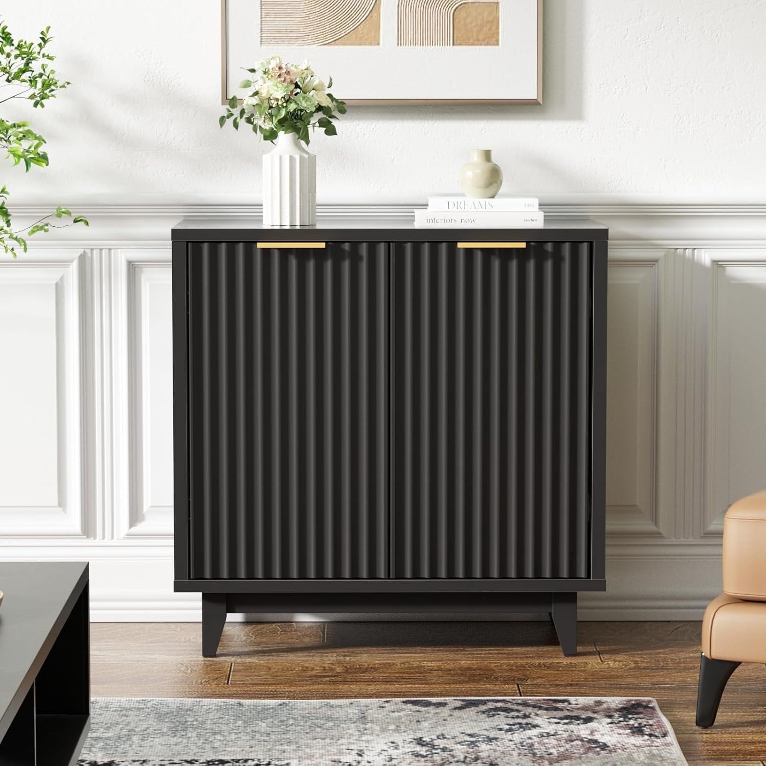 VEANERWOOD Fluted Cabinet with Storage, 2 Doors Sideboard Buffet Cabinet Modern Accent Cabinet
