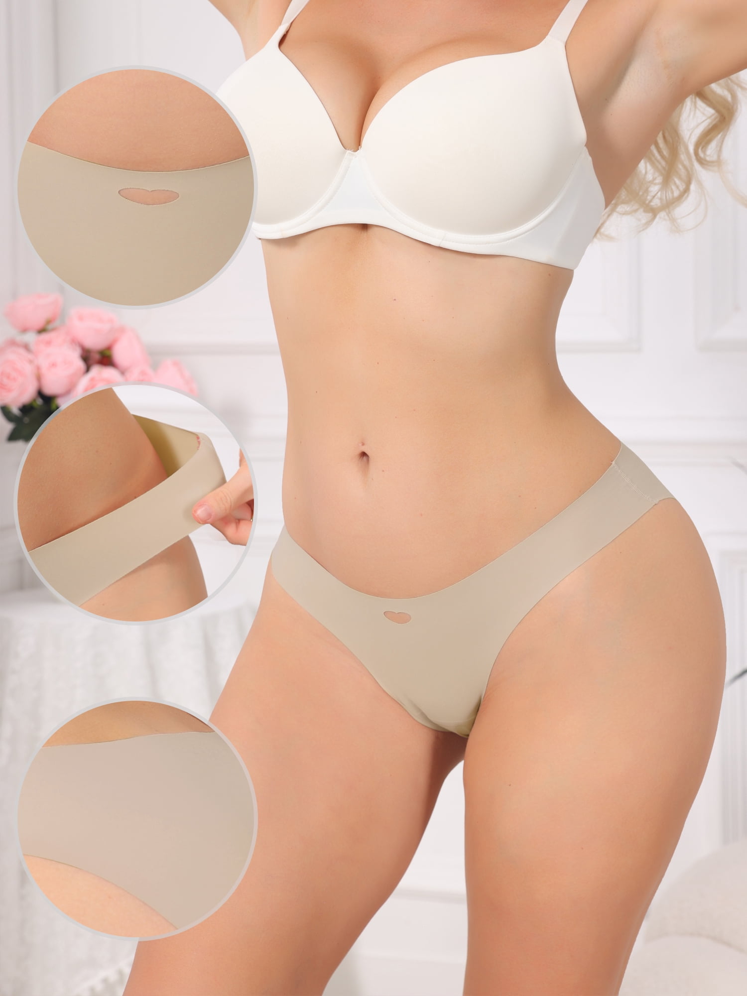 DARING DIVA Women's Seamless No Show Ice Silk Low Rise Bikini Heart Cutout Briefs XL Beige