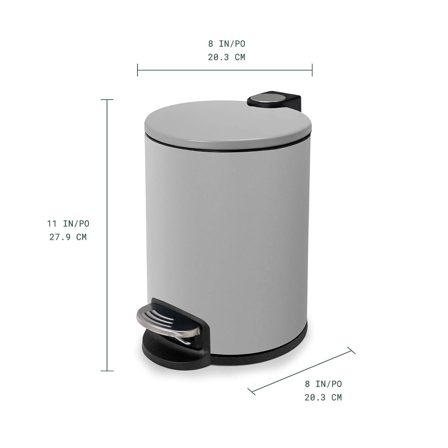 Acento Rondo 1.3 Gallon Round Step Trash Can with Soft-Close Lid, Removable Liner Bucket, Premium Pedal Metal Waste Bin for Bathroom, Bedroom, Dorm, Office, Matte Gray