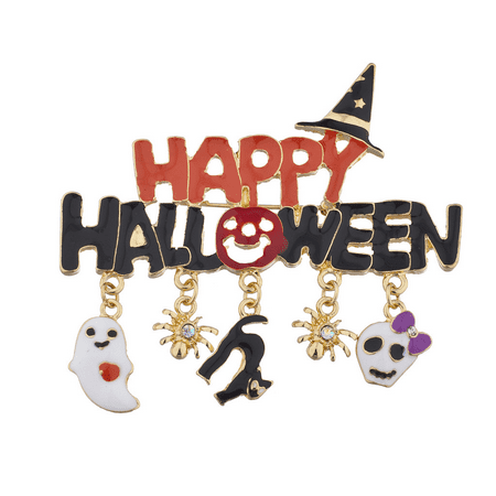 Enameled Witchs - Lux Accessories Black n Orange Enamel Happy Halloween Witch Hat Charm Brooch Pin