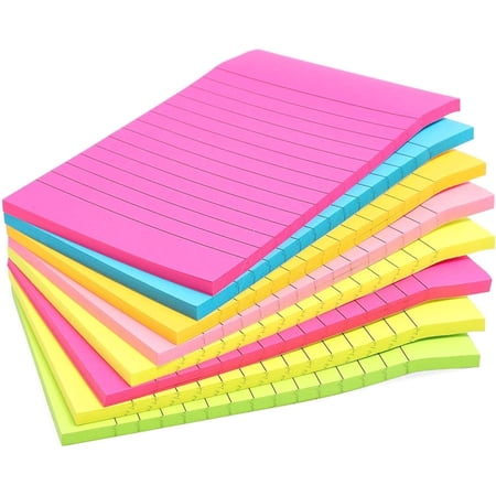 8-Pack Lined Sticky Notes in Bright Neon Colors, Self-stick Memo Notepad 4" x 6" for Office & School