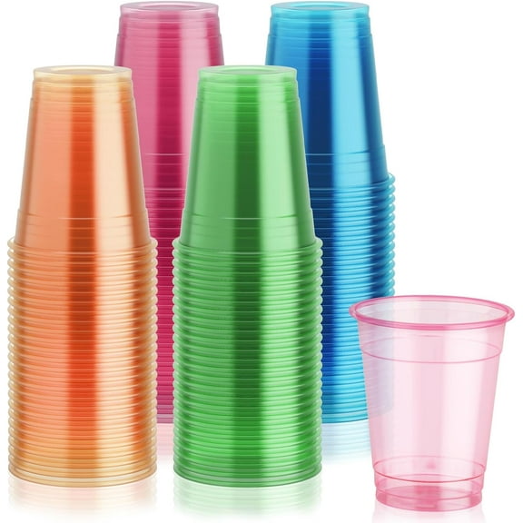 100 Pack 16 oz Plastic Cups, Neon Glowing Plastic Party Cups, Assorted Neon Colors for Parties, Carnivals, and Any Events