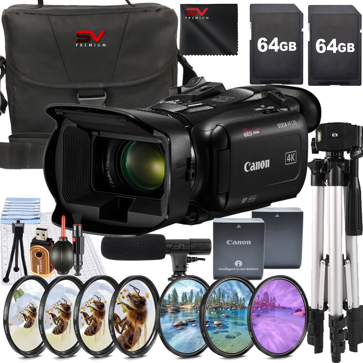 Canon Vixia HF G70 UHD 4K Camcorder with 2 Pack 64GB Memory Card + Case + Filter Kit + SV Premium Accessory Bundle (International Version)