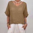 thumbnail image 4 of Fartey Oversized Cotton Linen T Shirts for Women 2025 Summer Solid Color Short Sleeve Tops Dressy Casual V Neck Tee Shirt Loose Breathable Beach Holiday Blouses Khaki 2XL, 4 of 9